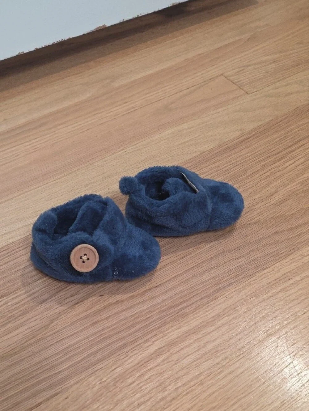 Navy Plush Baby Booties with Button Accent